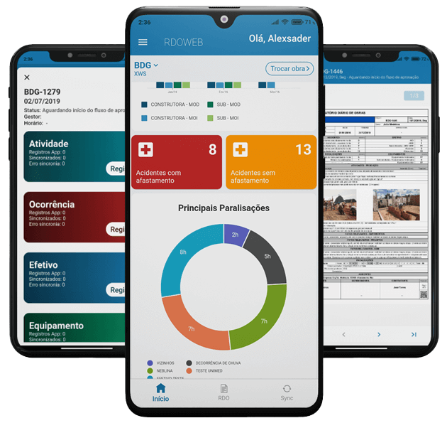 Foto de três celulares demonstrando algumas das funcionalidades do aplicativo RDOWEB aberto