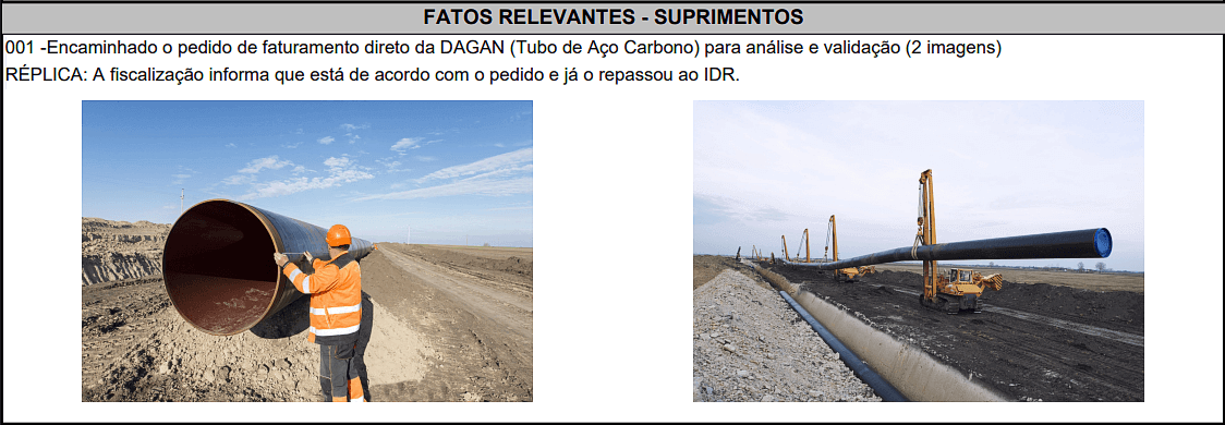 Imagem das ocorrências e fatos relevantes em um RDO