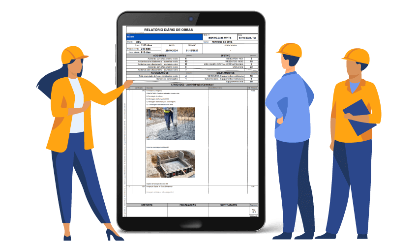 Ilustração de pessoas que trabalham em uma obra analizando um formulário de RDO através de um tablet em tamanho grande