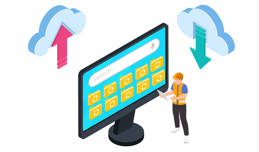 Ilustração representando recursos computacionais compartilhados e armazenados na nuvem