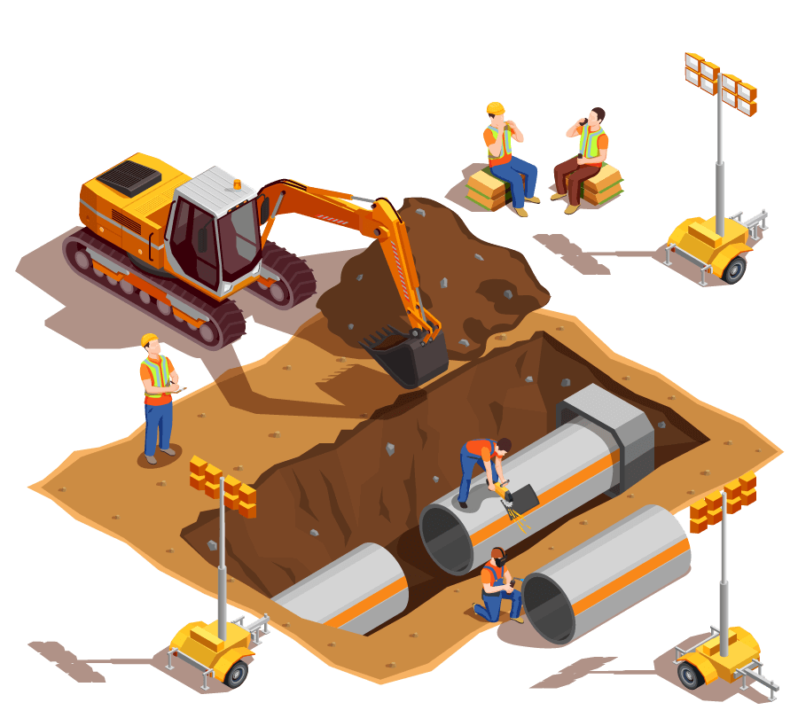 Ilustração de uma obra  com escavção em andamento instalando passagem de  duto