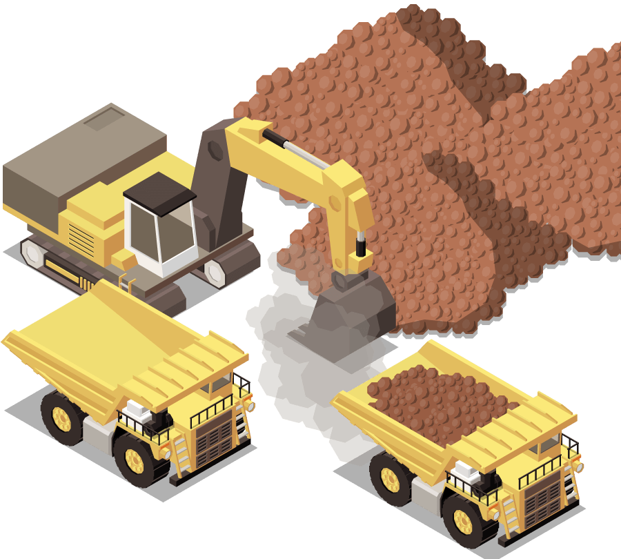 Ilustração de uma obra com caminhões abastecidos para terraplenagem