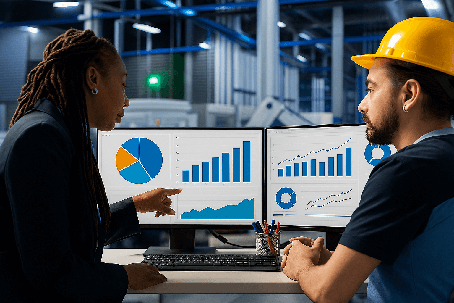 Duas peaasoas olhando gráficos em monitores