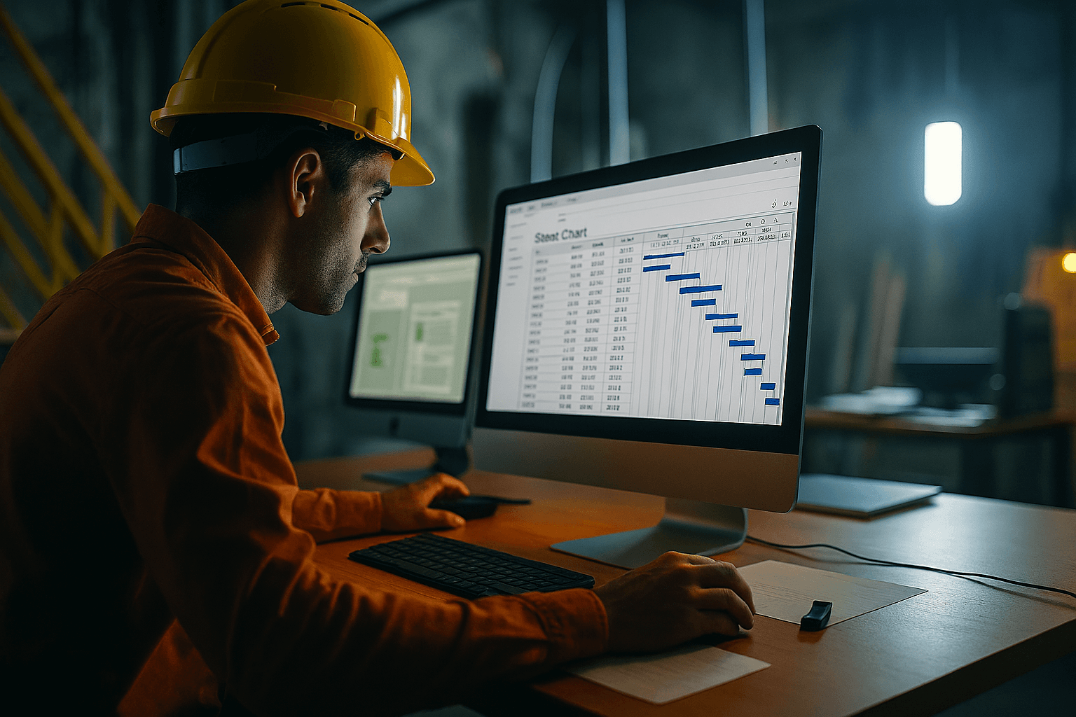 trabalhador no computador manipulando tarefas em grafico de gantt  