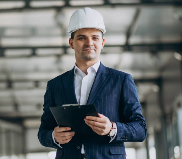 Foto de um engenheiro de obras utilizando um tablet para registrar informações