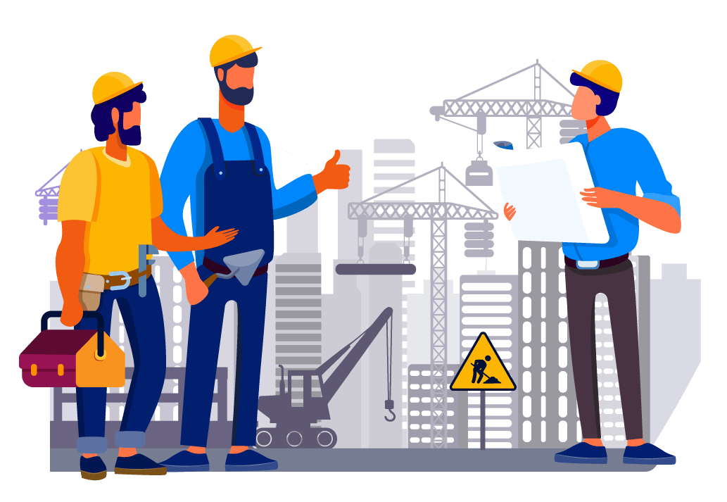 Desenho vetorial  de equipes em local de trabalho sinalizado