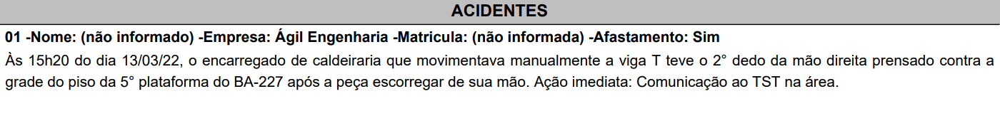 Texto informativo sobre acidente ocorrido em obra.