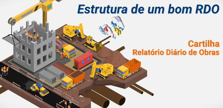 Ilustração de canteiro de obras com equipamentos e trabalhadores.