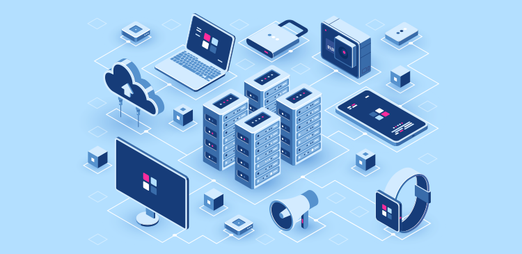 Ilustração de datacenter, computadores, celular, relógio digital, HD externo e representação da nuvem em fundo azul claro.