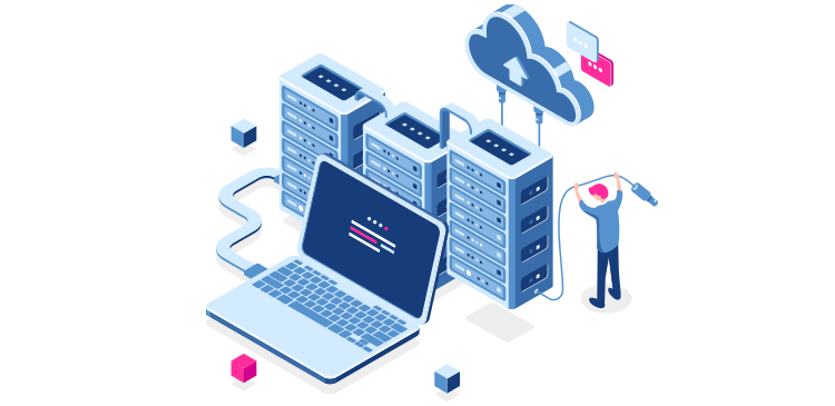 Representação desenhada de datacenter em nuvem, ligado a computador com pequeno homem ao lado.