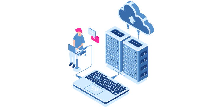 Ilustração de pequeno homem sentado trabalhando ao lado de datacenter ligado a nuvem.