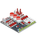 Ilustração vetorial de refinaria química com grandes tanques e tubulações em vermelho.