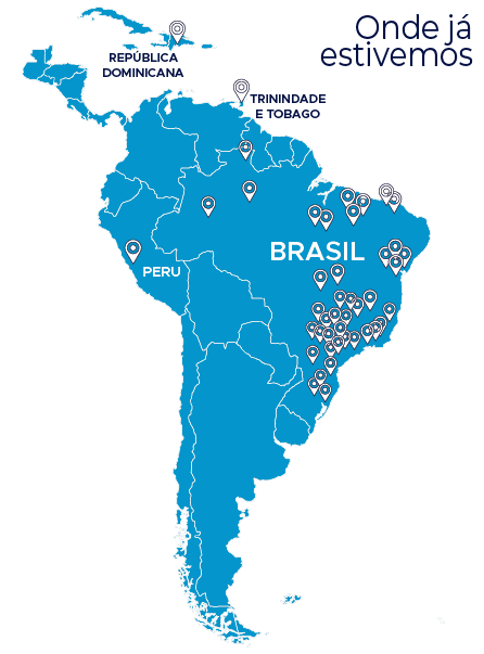 Mapa em azul indicando países e estados onde a Webdutos já esteve.